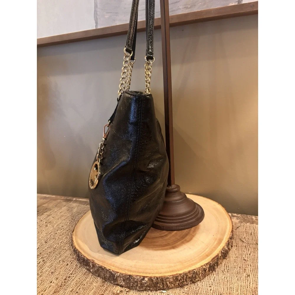 Michael Kors Large Tote Bag Black Leather Shoulder‎ Bag Chain Detail Charm